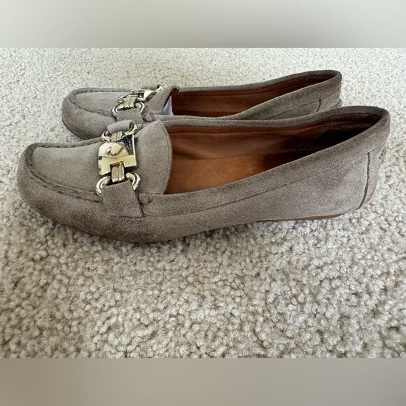 Kate Spade Carson Dark Beige/Gray Suede Loafers Gold Buckle Size 6 - Picture 3 of 14